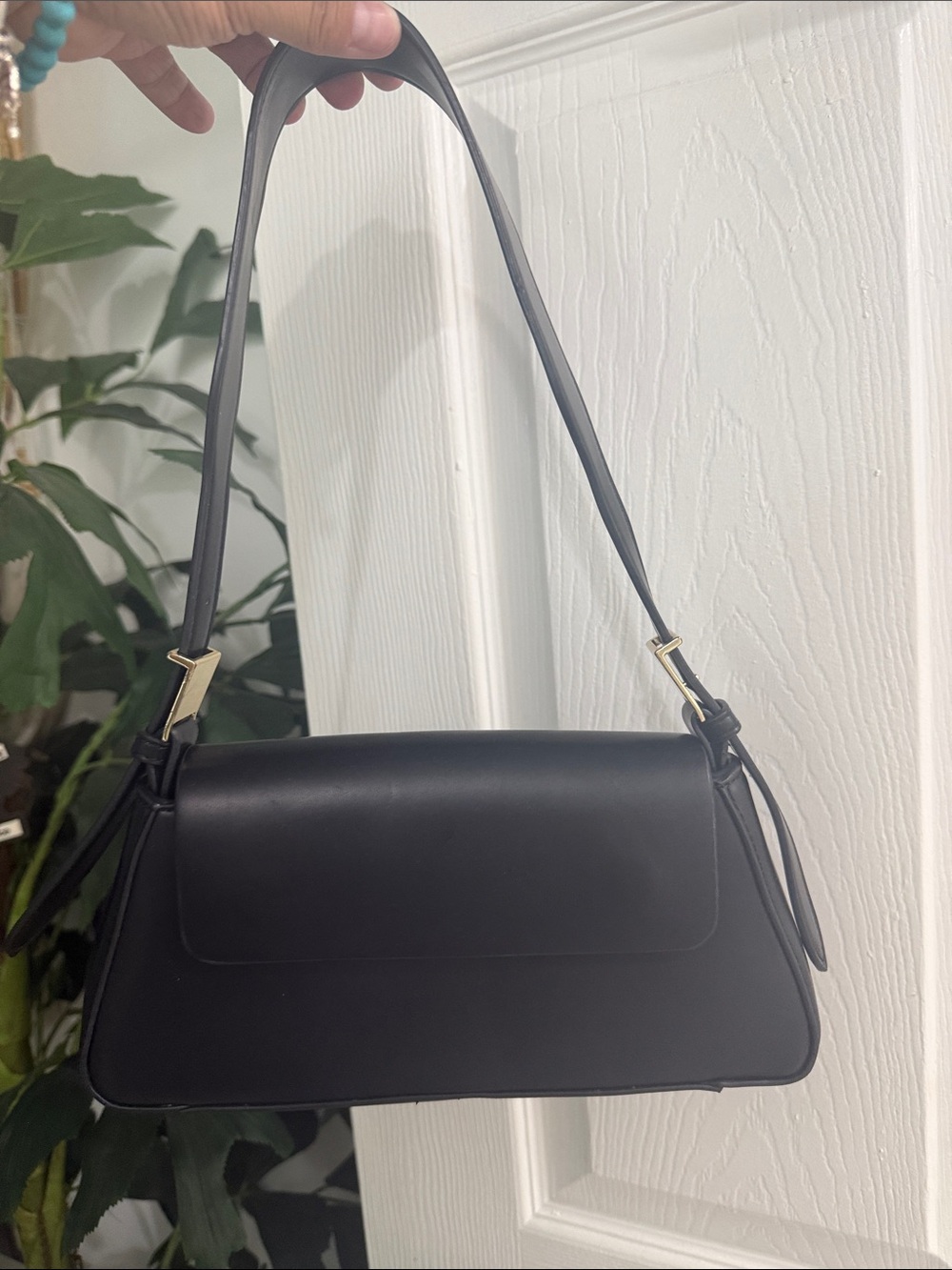 Zara Black Leather-Look Shoulder Bag with Gold Accents